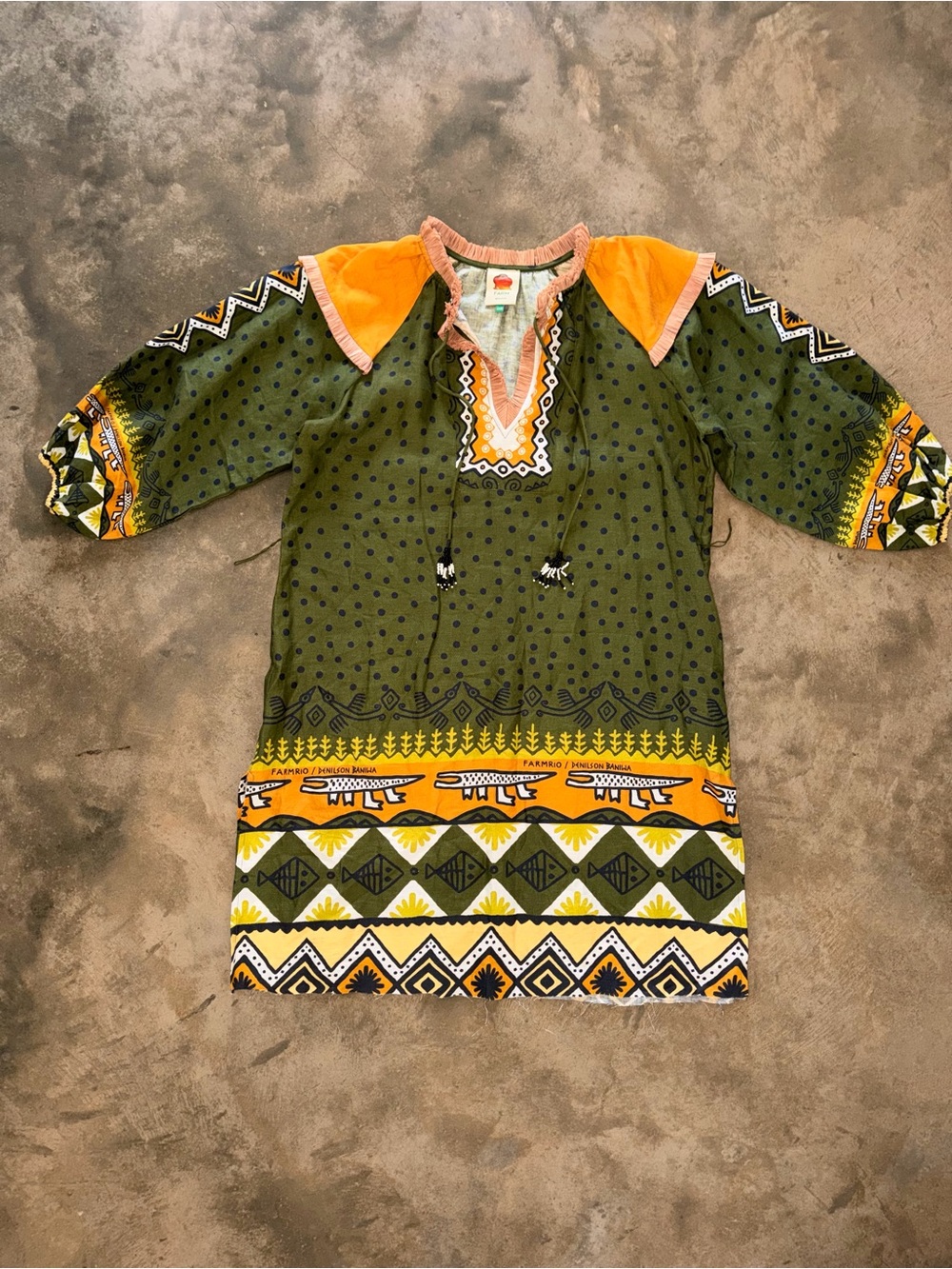 FARM Rio Denilson Baniwa Linen Shift Dress XXS Oversized Raffia Tassel Fringe - Picture 5 of 13